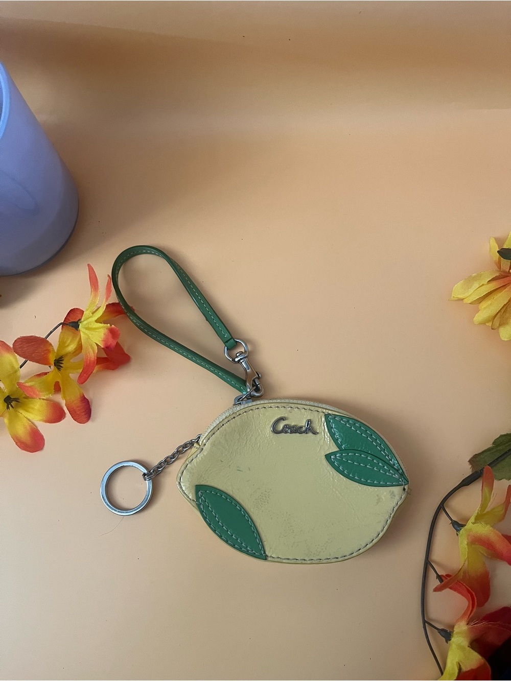 Coach Yellow Lemon Wristlet with Green Strap